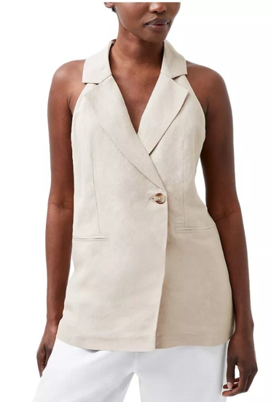 FRENCH CONNECTION TOP WOMENS 2 BIRDIE LINEN BLEND HALTER VEST BLOUSE TAN NEW